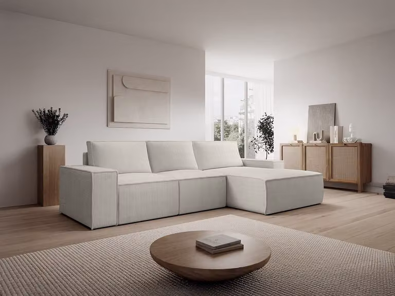 Amelia Grote hoekslaapbank met rechterhoek in beige ribfluweel met slaapfunctie
