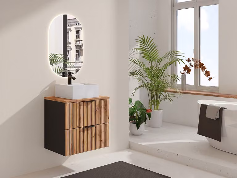 MADELA Zwevend badkamermeubel met geribbelde afwerking en vierkante opzetwastafel - Licht natuurlijk en zwart - Breedte: 60 cm