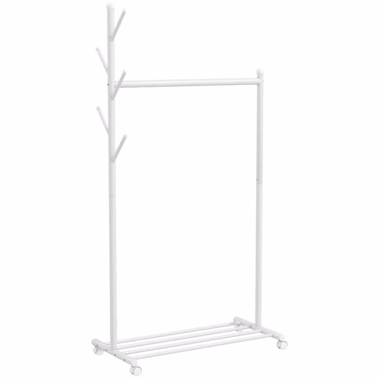 HOMCOM Kledingrek op wielen met kledingroede, 5 haken en schoenenrek, wit