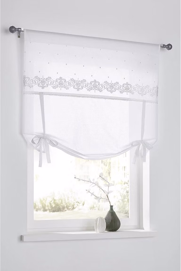 Lichtdoorlatend vouwgordijn Jolie met lussens en romantisch borduurwerk in landelijke stijl, Breedte: 100 cm, Hoogte: 100 cm