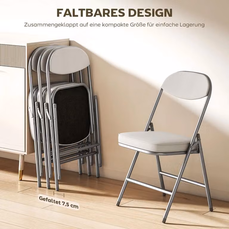 Set van 4 klapstoelen van polyester en staal in crèmewit, B: 45 cm, H: 82 cm