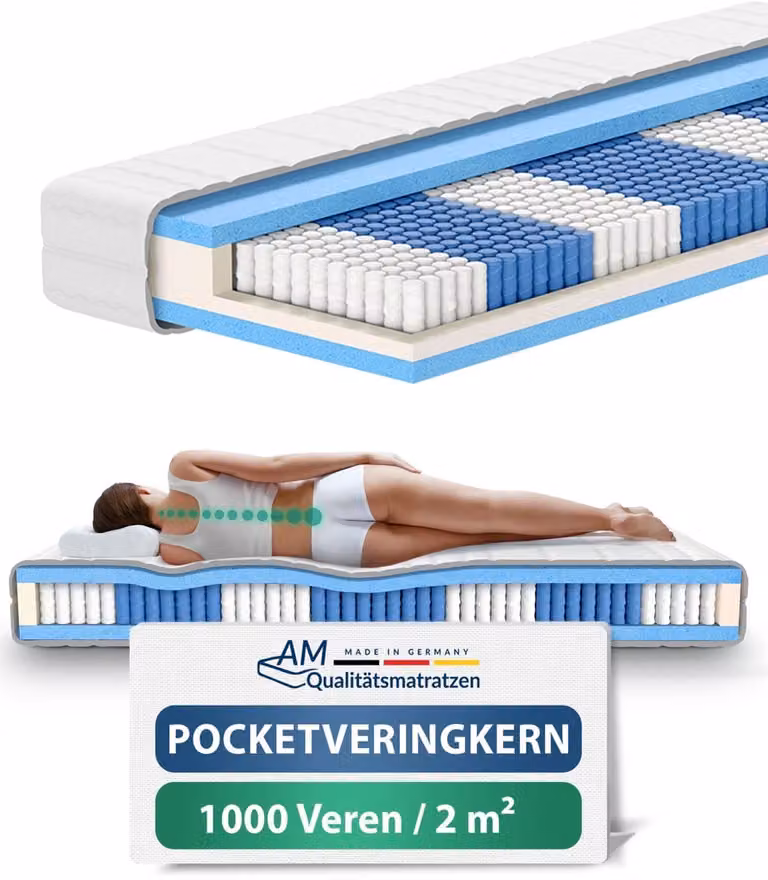 AM Qualitätsmatratzen 7-zone pocketveringmatras met 1000 veren, 160 x 200 cm, 24 cm hoog, met afneembare TENCEL Lyocell tijk