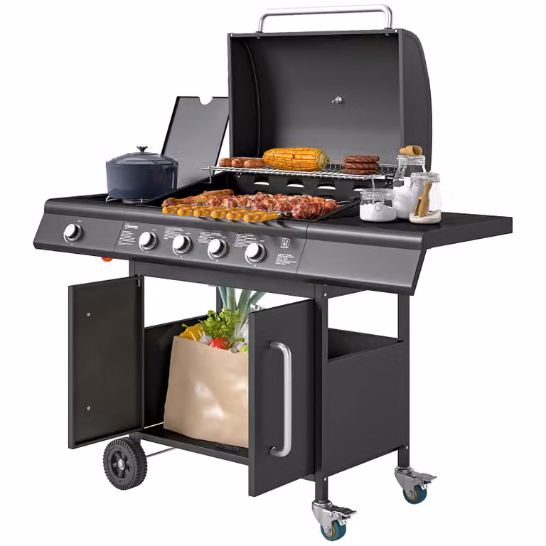 Outsunny Gasbarbecue 15,2KW met 5 RVS Branders, Zijbrander en Thermometer, Zwart, B/D/H: 129,5 x 56 x 110 cm