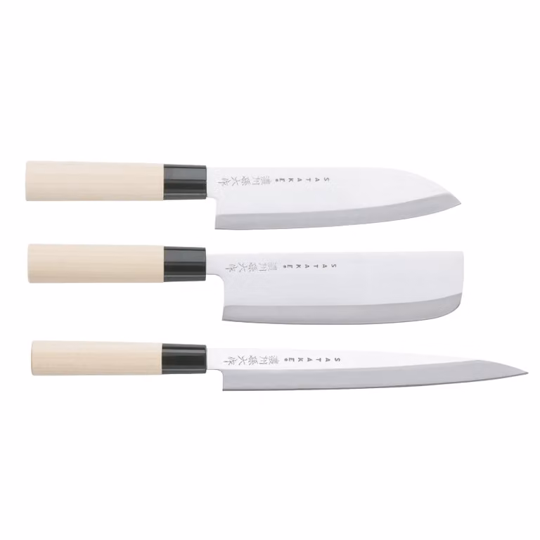 Satake Houcho messenset met Nakiri, Sashimi en Santoku mes, 3-delig