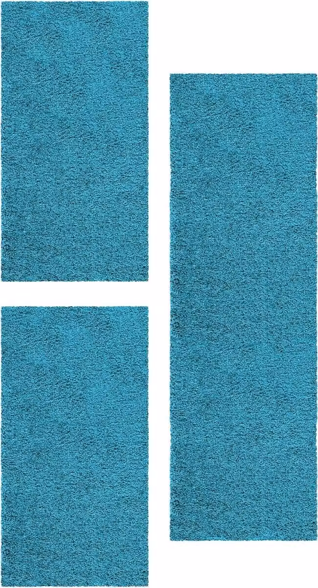 Set van 3 Hoogpolige Lopers - Turkoois - Breedte: 60 cm, Lengte: 110 cm (2x) en Breedte: 80 cm, Lengte: 150 cm (1x) - 30 mm Poolhoogte