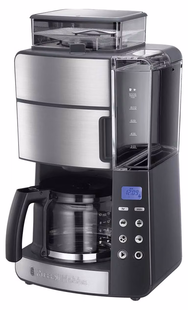 Russell Hobbs koffiezetapparaat met ingebouwde molen, 1000 watt, geschikt voor 10 kopjes, met glazen maalbeker