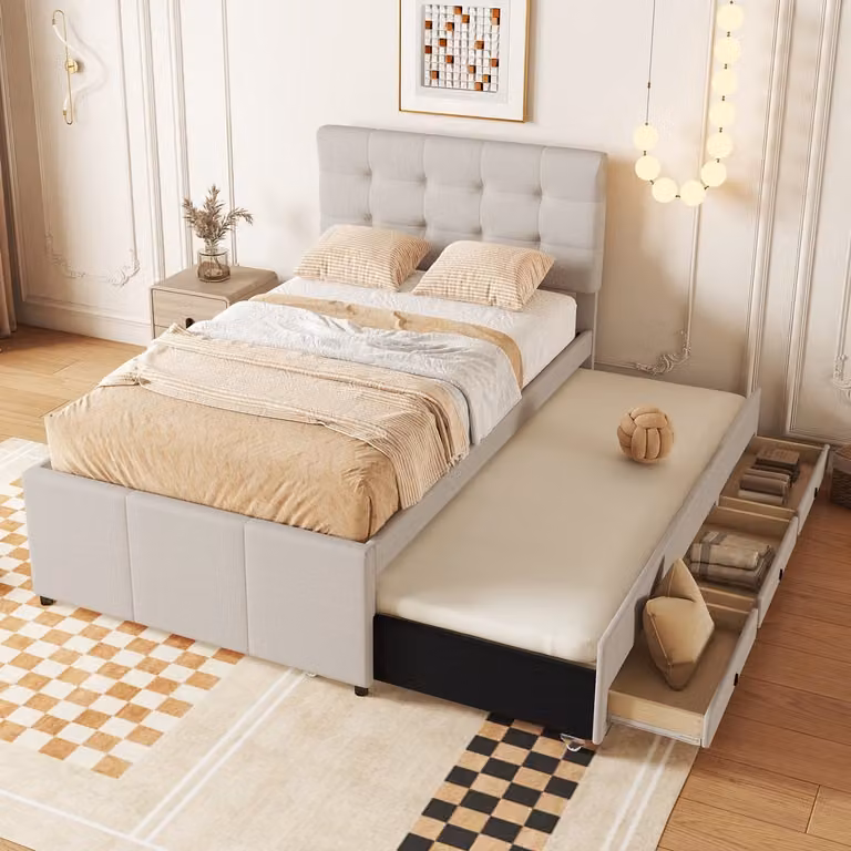 AURA LUMEN Gestoffeerd eenpersoonsbed met drie lades en verstelbaar hoofdbord, Beige, 90 x 200 cm