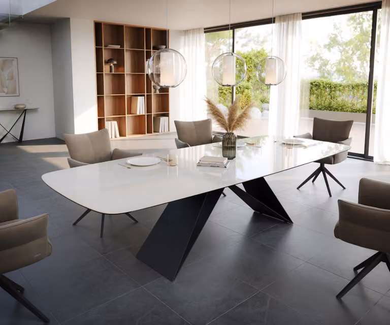 DELIFE Eettafel Edge Boot Onyx Champagne Keramiek met Zwart V-onderstel van Platstaal B/D/H: 300 x 120 x 76 cm