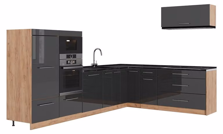 Vicco Fame-Line Hoekkeuken Antraciet Hoogglans en Goudkleurig Eiken, Model 64387, 327 x 227 cm (zonder werkblad)