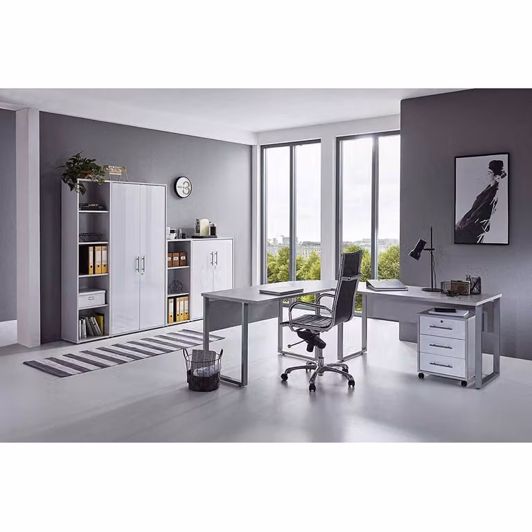 home24 Bureauset III 6-delig, grijs/lichtgrijs/hoogglans wit, modern design