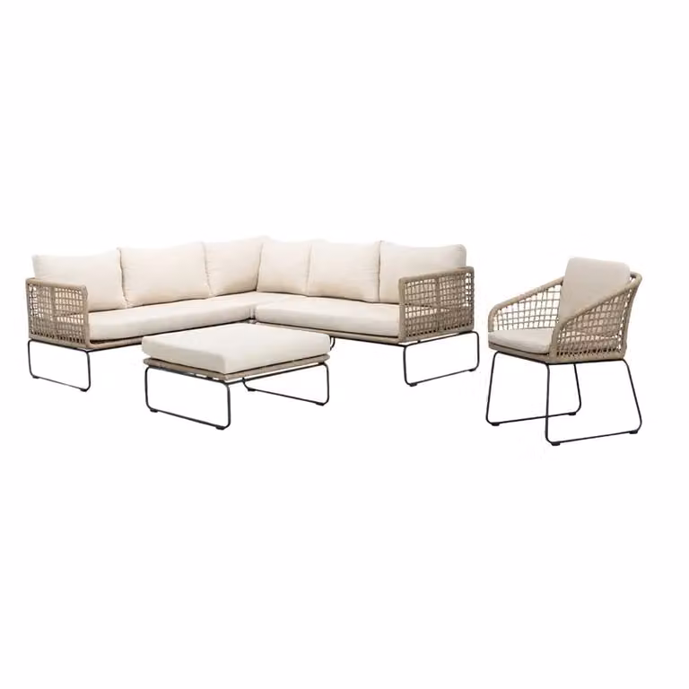 Tulum hoek loungeset met stoel voor 6 personen, Sahara Dust, 5-delig, RVS en touw, 211 x 211 cm