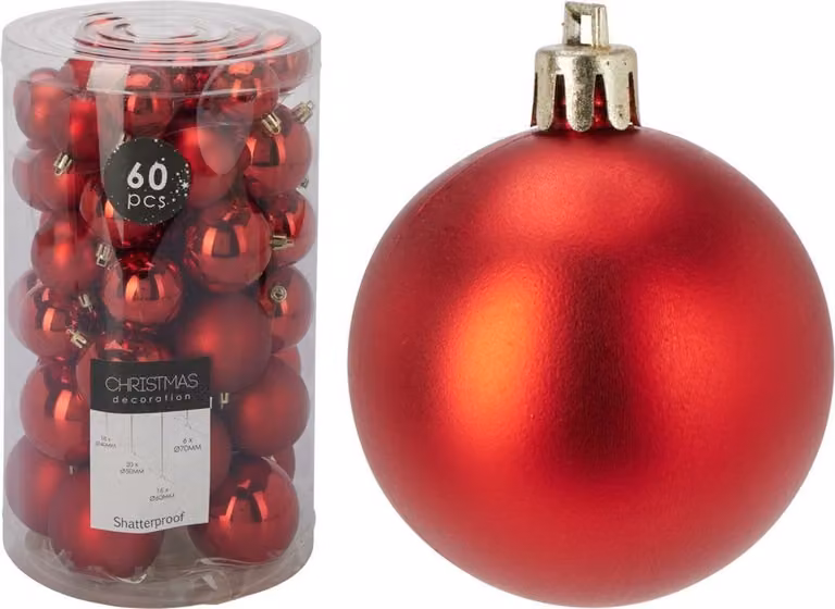 Set van 60 onbreekbare rode kerstballen van kunststof voor kerstdecoratie