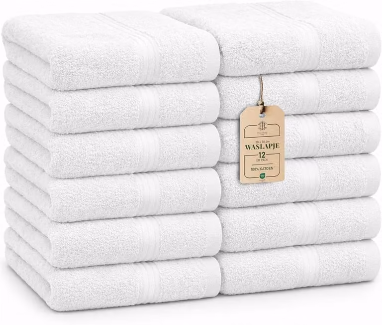 SnelShoppen Luxe Set van 12 Washandjes - 100% Katoen, Wit - 30x30 cm