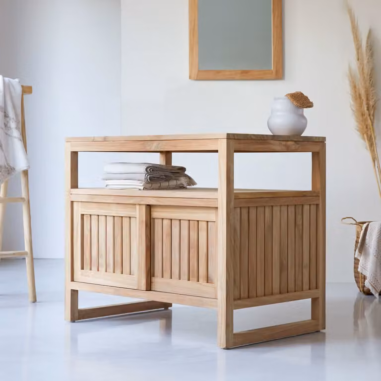 Tikamoon Opbergmeubel van massief teak met schuifdeuren - Bruin - B: 90 cm, D: 57 cm, H: 75 cm