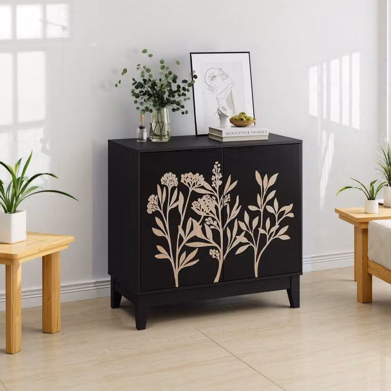 REDOM Vintage dressoir 80 cm met bloemensnijwerk, zwart, 2 deuren en verstelbare planken