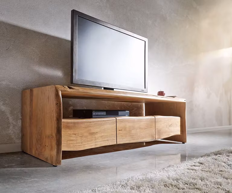 DELIFE TV-meubel Live-Edge van massief acacia hout, Bruin, B: 145 cm, D: 50 cm, H: 46 cm