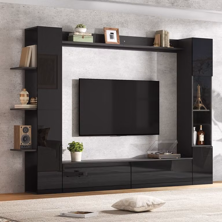 OKWISH Wandmeubel met TV-kast en vitrine, Hoogglans MDF Zwart, B: 245 cm, D: 30 cm, H: 170 cm
