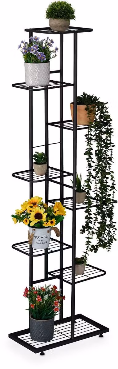 Relaxdays Plantenstandaard met 8 etages in zwart metaal, H x B x D: 142 x 45 x 22 cm