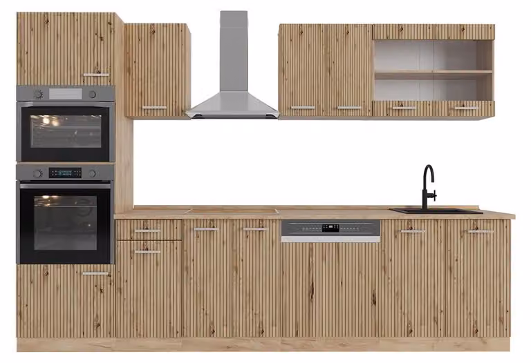 Vicco R-Line Complete keukeneenheid met hoge kast, Artisanaal eiken/Goudkraft eiken, Breedte: 300 cm, Model 48914