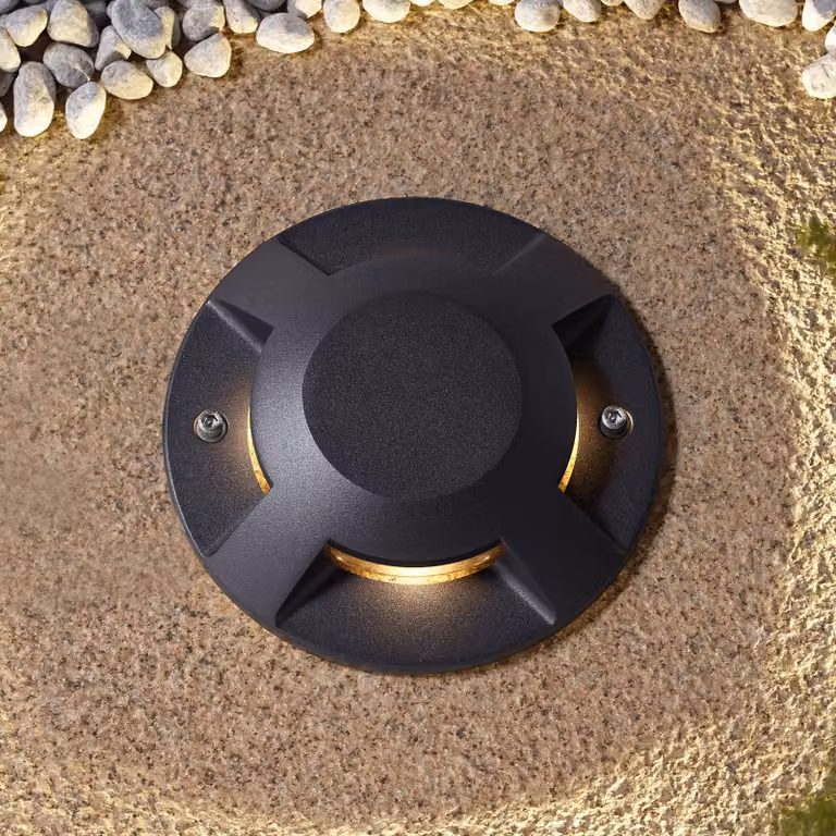 Lucande Jeffrey LED-grondspot zwart, modern aluminium, ronde accentverlichting voor de tuin