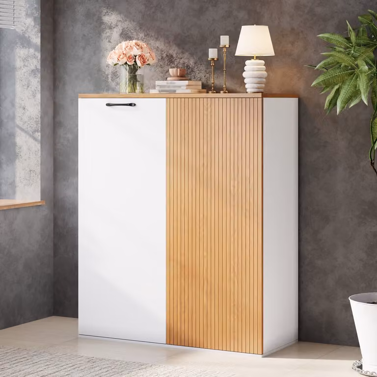 Moderne Archiefkast Sideboard met Lamellenfront in Wit Eiken, B/D/H: 80 x 40 x 110 cm