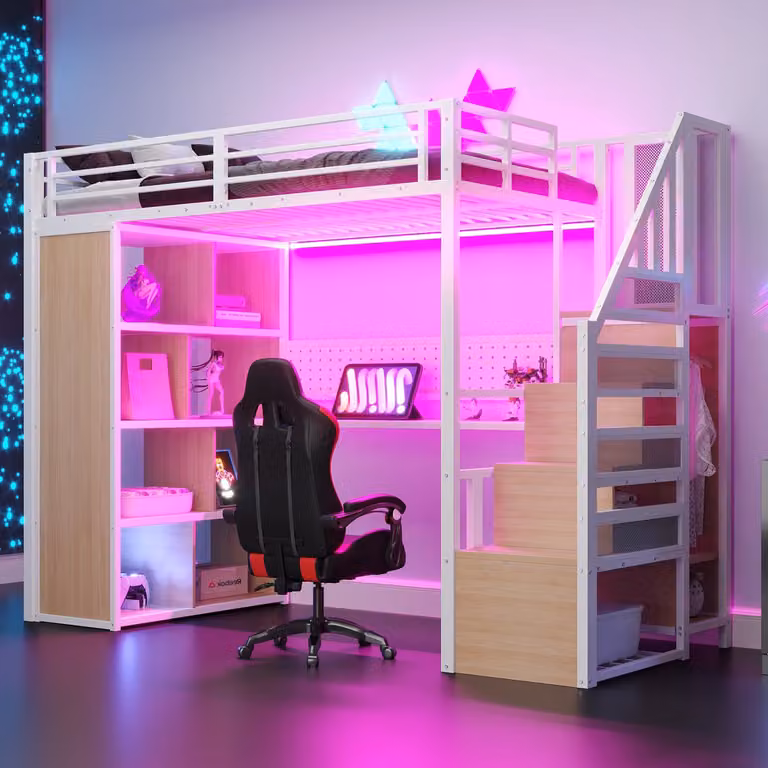 MODFU Hoogslaper wit met bureau, opbergruimte en LED-verlichting, metaal en hout, 90 x 200 cm