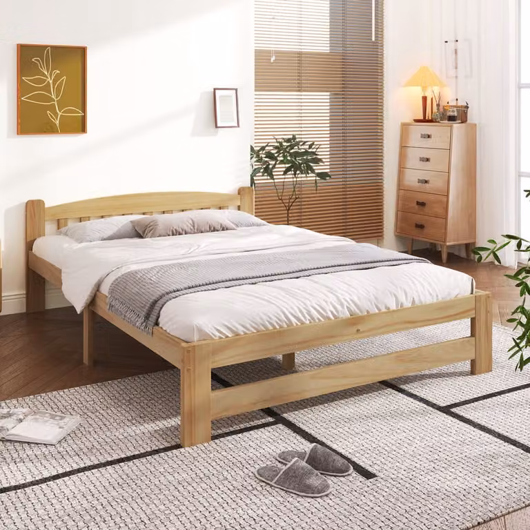 FloraGrace Massief Houten Futonbed met Hoofdbord en Lattenbodem - Grenen - Naturel - B/D: 140 x 200 cm