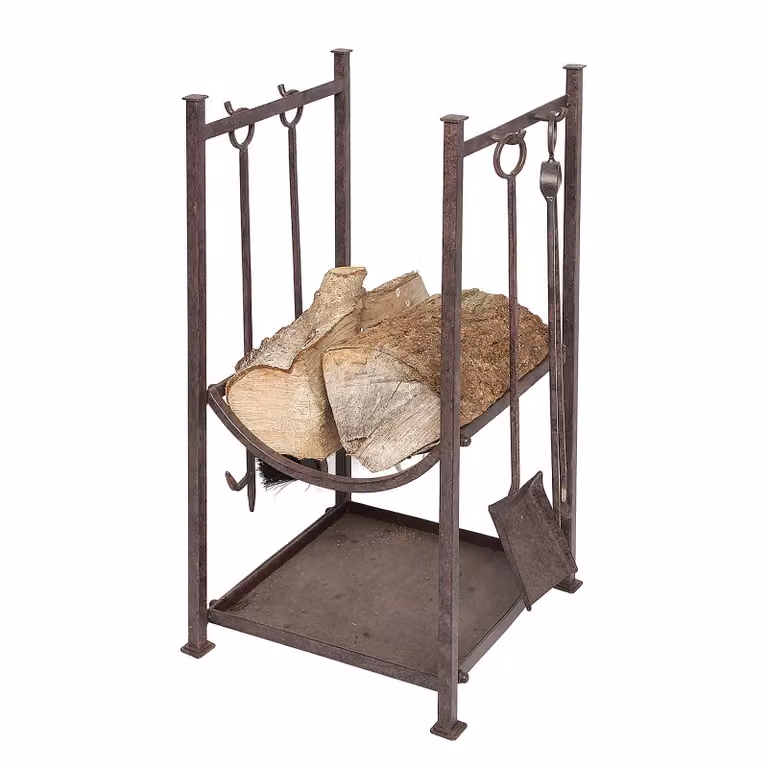 home24 Set voor open haard Binte, zwart en bruin, metaal, B/D/H: 34 x 75 x 34 cm