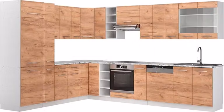 Vicco Fame-Line Hoekkeuken Goudkleurig Eiken/Wit met Marmeren Werkblad, Model 47319, 347 x 257 cm
