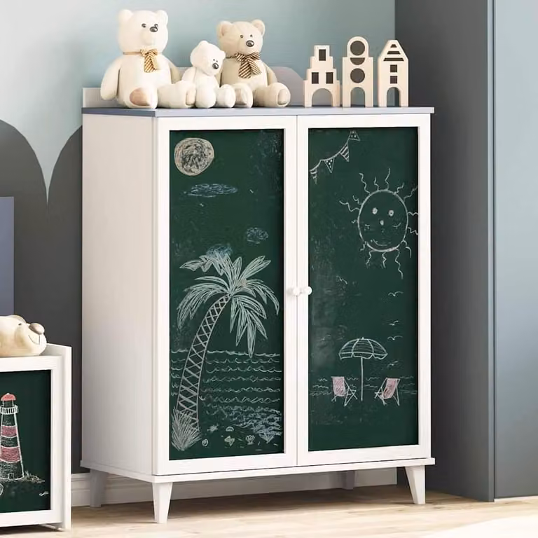 Dressoir ROROS met krijtbord, grijs en wit, houtmateriaal, 2 deuren, B: 80 cm, D: 40 cm, H: 110 cm