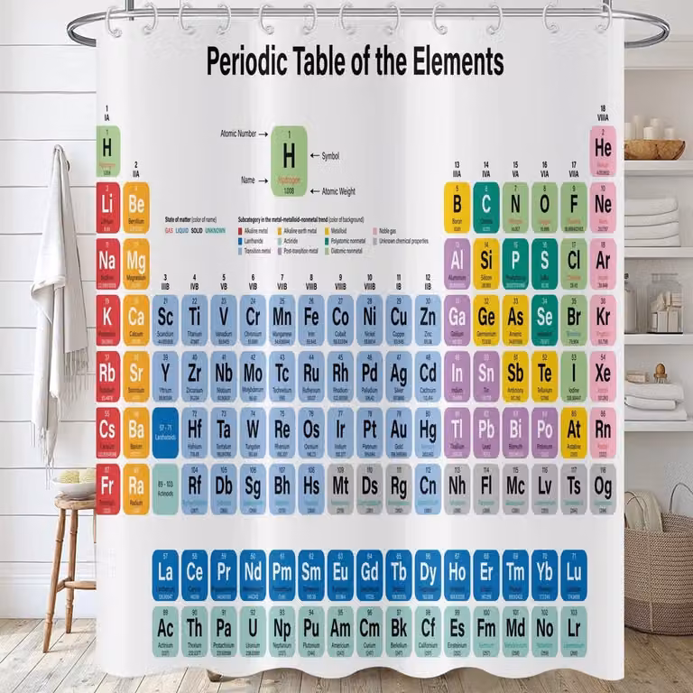 ShopVlot Douchegordijn met Periodiek Systeem, Kleurrijk Wetenschappelijk Thema voor Badkamer, 180 x 180 cm