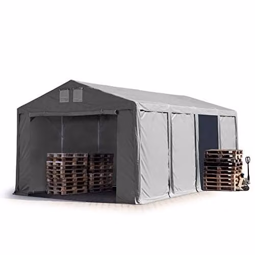 TOOLPORT Opslagtent 5x8 m in grijs PVC, 100% waterdichte industrietent met 3m zijwandhoogte en ritssluitingen