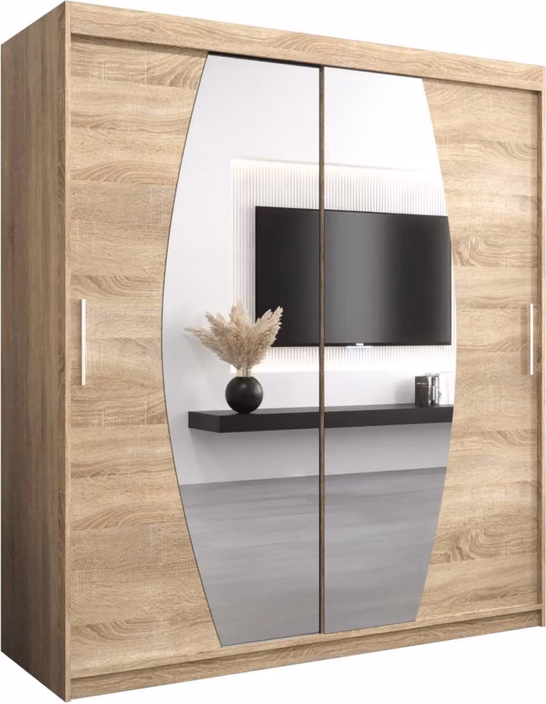 InspireMe GLOBE Kledingkast met 2 schuifdeuren, spiegel en 4 lades, Sonoma Eik, B/D/H: 180 x 62 x 200 cm