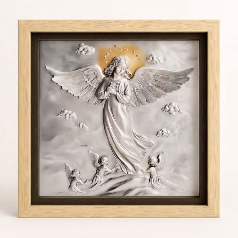 Beschermengel Kunstwerk - Heilige Afbeelding - Spirituele Decoratie - Italiaans Kunsthandwerk - B/D/H: 30 x 30 cm - Zilver/Goudlook
