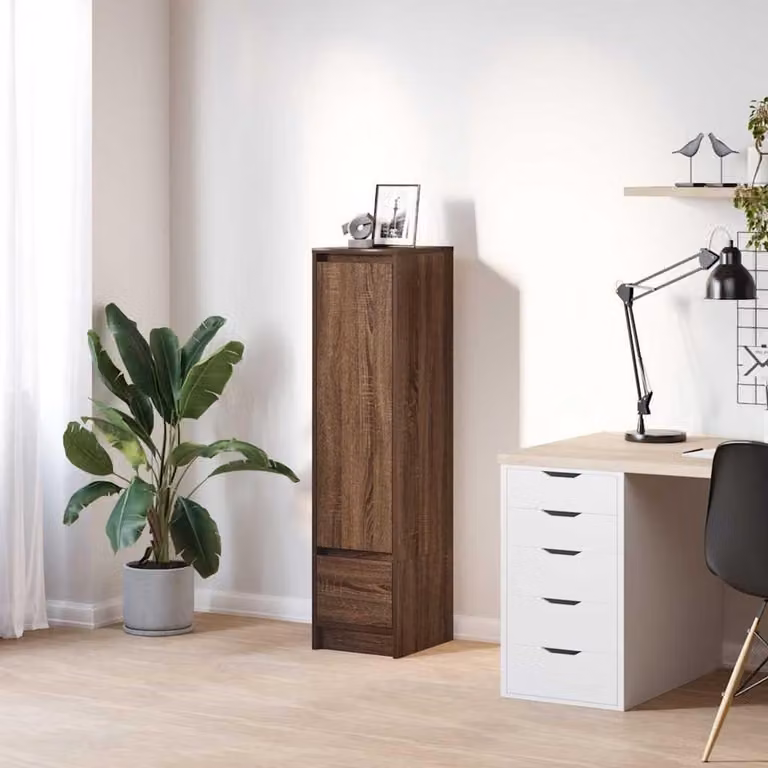 Hoge houten keukenkast voor huishoudelijke opslag met flexibele deurmontage, Eikenbruin, B: 295 cm, D: 34 cm, H: 1195 cm