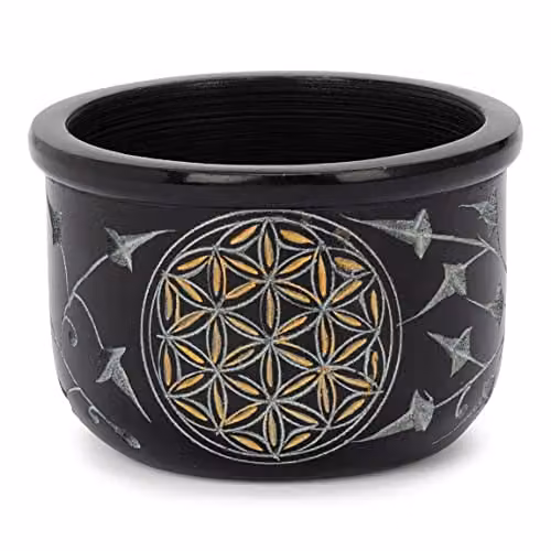 NKlaus Wierookbrander Schaaltje Flower of Life gegraveerd zwart Ø8cm