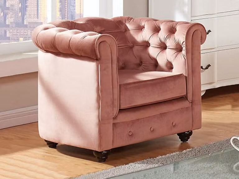 Chesterfield fauteuil van velours in pastelroze