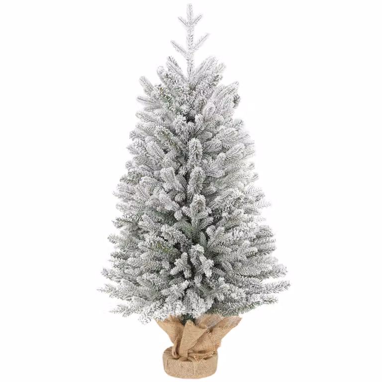 HOMCOM Mini Kunstkerstboom met sneeuw, 486 takken, cementvoet met linnenbekleding, Hoogte: 90 cm