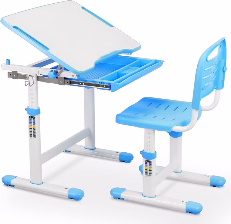 HMTM Kinderbureaustoel en Bureau Set met Lade en Kantelbaar Tafelblad, Blauw, Hoogteverstelbaar
