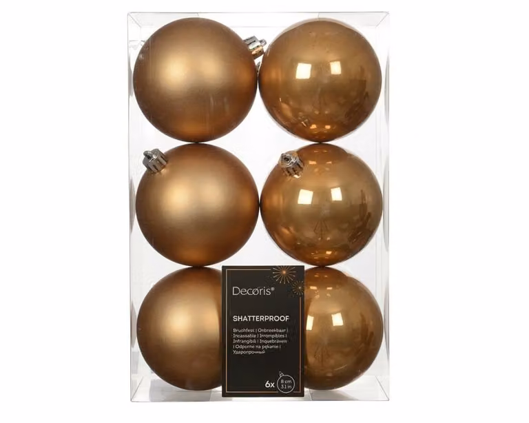 6 onbreekbare kerstballen karamel bruin 8 cm van Decoris