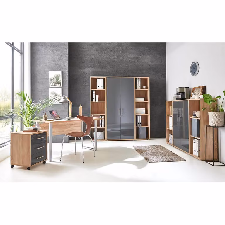 home24 Bureauset VII 4-delig in beige, Sonoma eiken en hoogglans antraciet