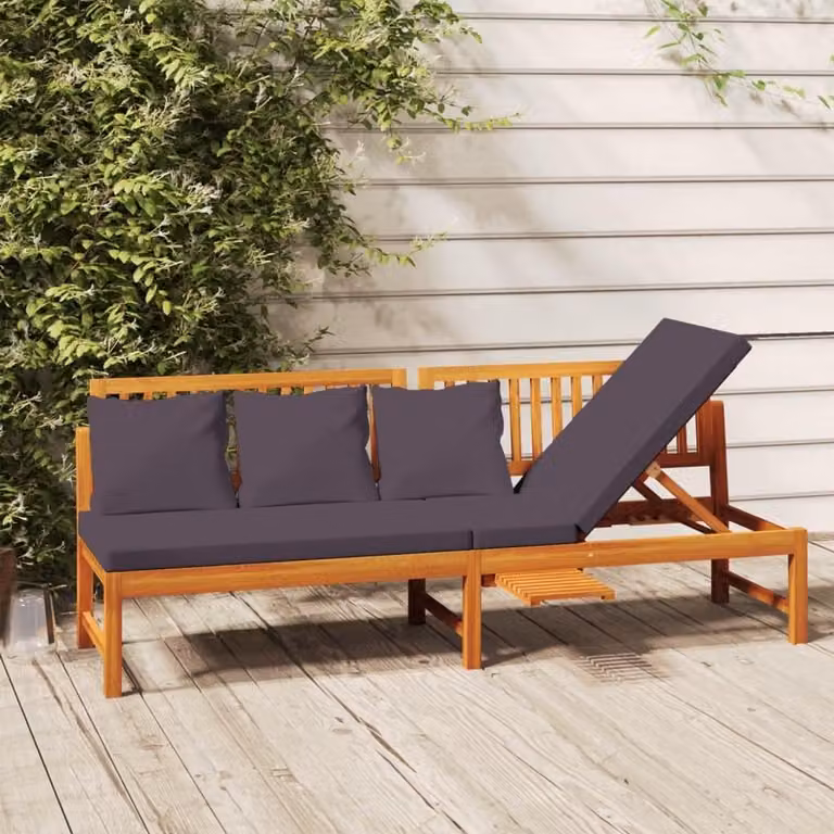 Bedsprei van massief acaciahout met grijze kussens, B/D/H: 200 x 60 x 75 cm, verstelbaar zijpaneel voor bank en ligstoel
