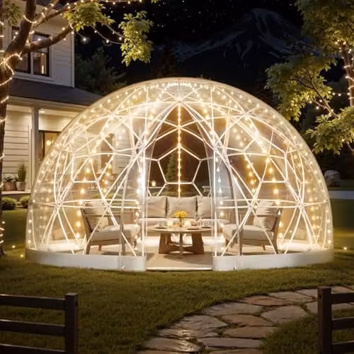 VEVOR Igloo Tuinkoepel, Transparante Bubbeltent voor 4-7 personen, Weerbestendige Geodetische Koepelkas van PVC, Wit, B: 3,7 m x D: 2,2 m