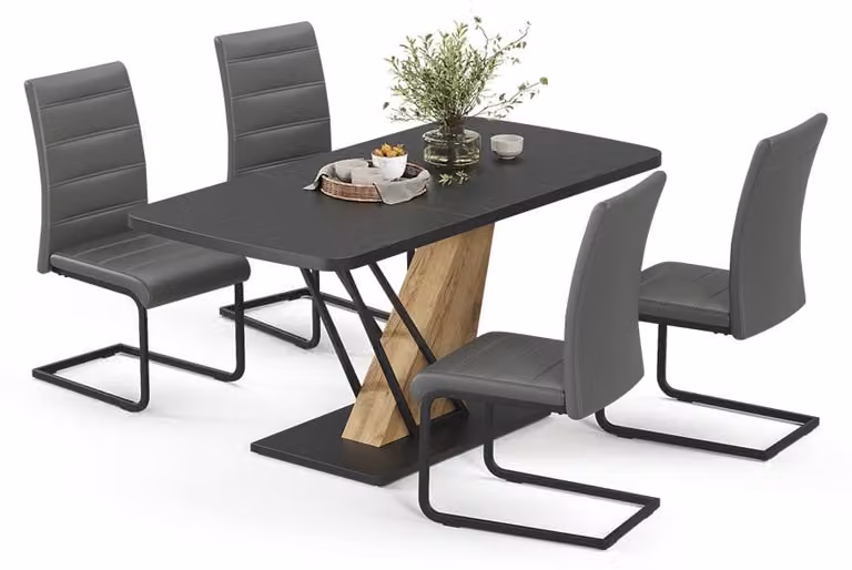 Vicco Fenaro Eettafelset met 4 grijze eetkamerstoelen, Zwart/Goudkleurig Eiken, B: 120 cm, D: 80 cm, H: 76 cm