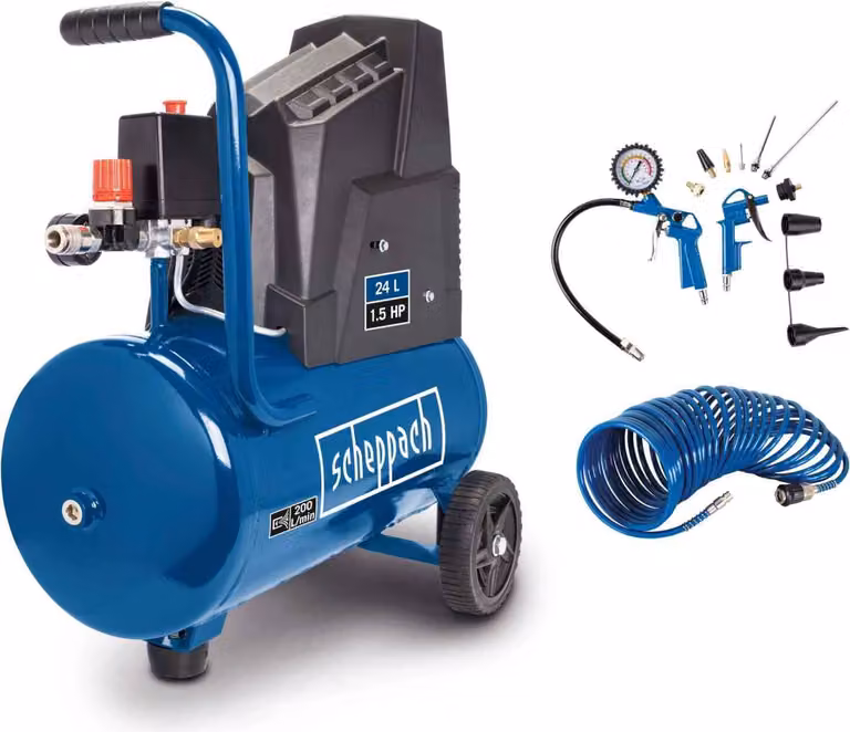 Scheppach persluchtcompressor HC30o, olievrij en duurzaam, 1100W, 24 liter reservoir, 8 bar, 200 liter luchtopbrengst, inclusief 13-delige accessoire set en 5 meter slang