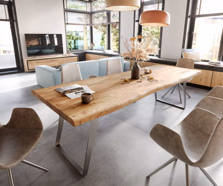 DELIFE Eettafel Edge XL van acacia hout met live-edge en zilveren onderstel, B/D/H: 260 x 100 x 76,5 cm