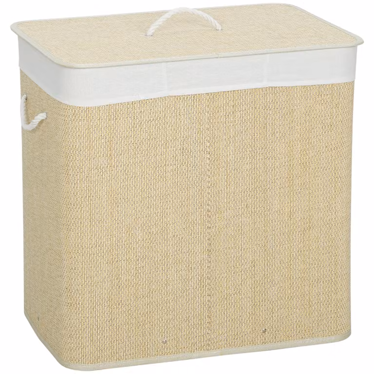 HOMCOM Bamboe wasmand met deksel, 3 vakken, 144L, met touwgrepen en uitneembare waszakken