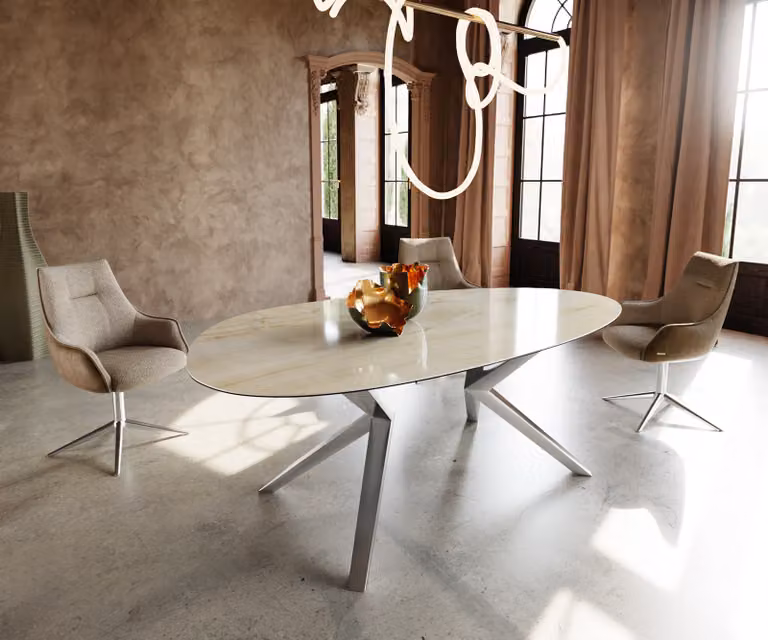 Eetkamertafel Edge ovaal Iris FMG Onice Oro Lucidato natuur met roestvrijstalen onderstel B/D/H: 220 x 120 x 76 cm