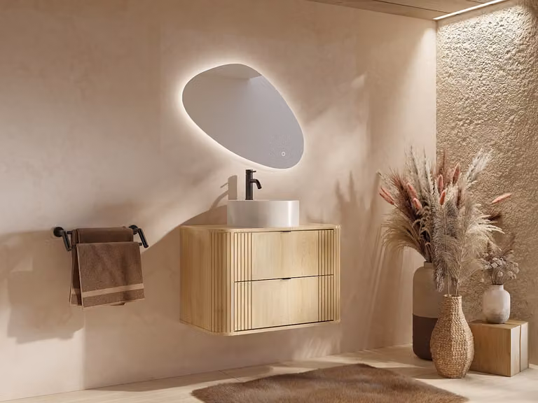 FILOR Zwevend badkamermeubel met ronde keramische opzetwastafel in licht naturel - 80 cm