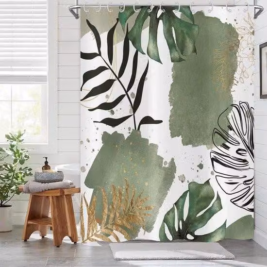 Boho Abstract Douchegordijn met Palmbladeren, Groen-Goud, Polyester, 180 x 180 cm